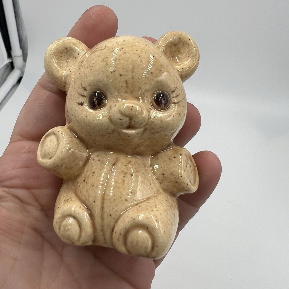 Rare Vintage Macrame Ceramic Bead Baby Bear Brown Figurine Stuffy Lovie